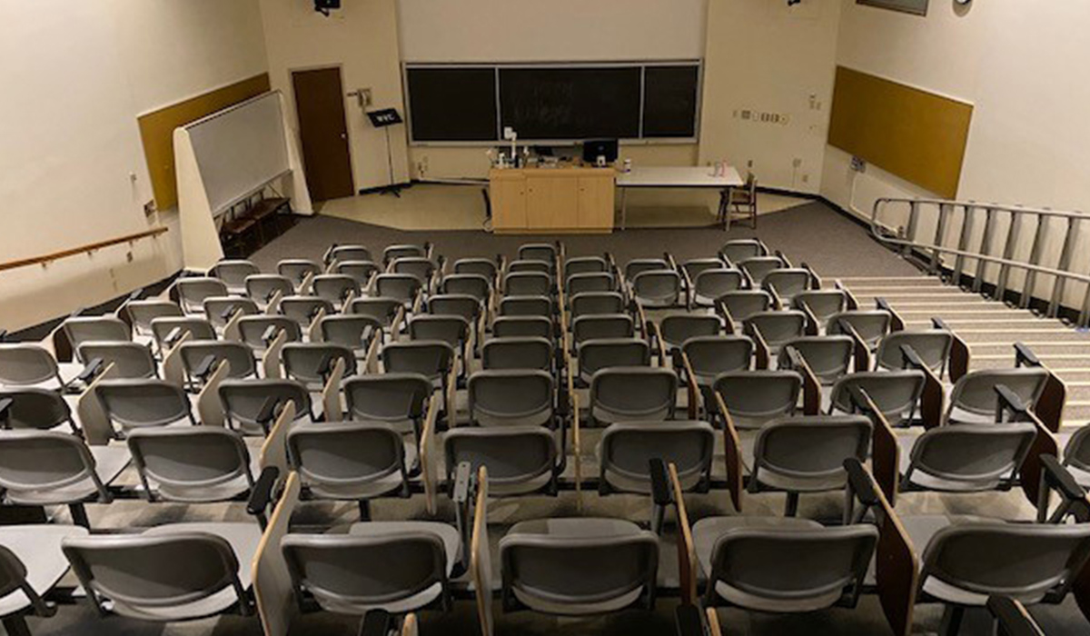 The Brown Hall lyceum facing the chalkboard and lecture podium.