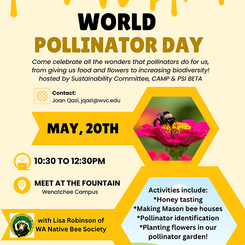 The World Pollinator Day flyer with text about the event and graphics of a bee on a pink flower, honeycombs, and dripping honey.