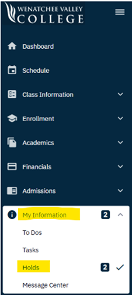 Screenshot of a ctcLink student account dashboard with the "holds" section highlighted.