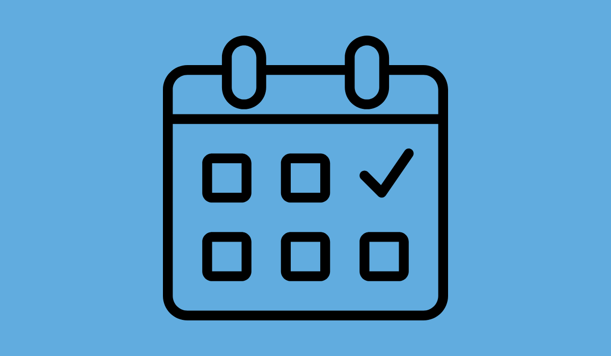 A blue square with an icon of a calendar page.