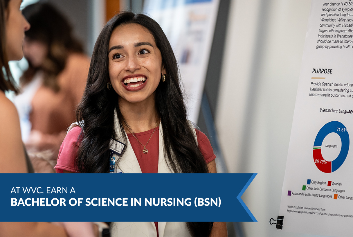 At WVC Earn a Bachelor of Science in Nursing banner A nursing student and text that says "At WVC earn a Bachelor of Science of Nursing (BSN)"