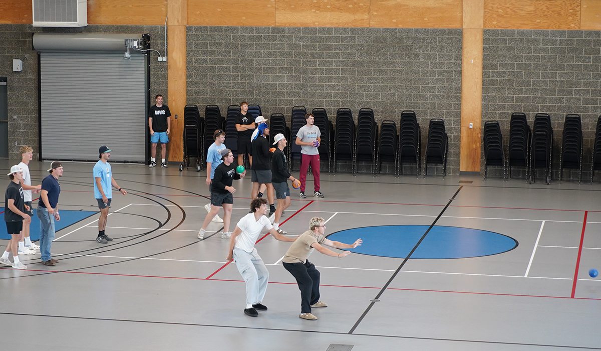 A group of students plays dodgeball in WVC's Student Rec Center