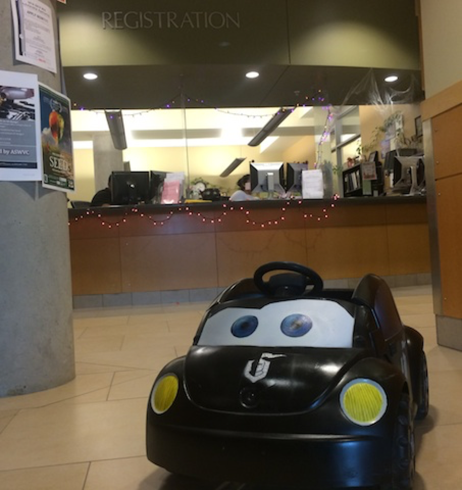 The Knight Bug car sits outside the WVC Registration office