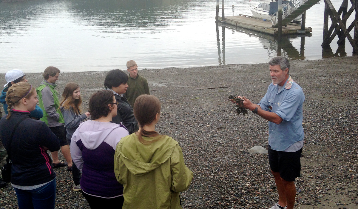 A WVC science professor and his students stand on a shoreline studying seaweed.