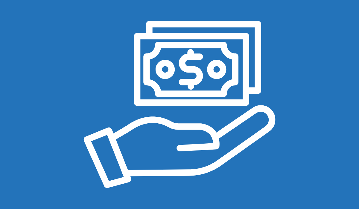 A white icon of a hand and dollar bills against a blue background.