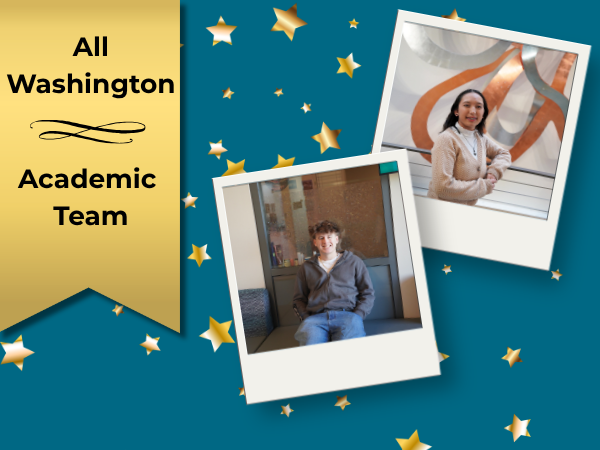 Graphic with Ethan Kamphaus' and Hailey Hopkins' photos and All Washington Academic Team text.