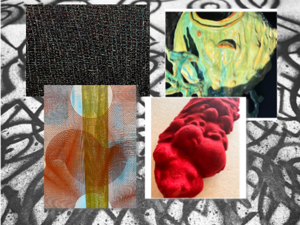 A collage of five art pieces by WVC art faculty