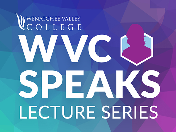 WVC Speaks Lecture Series logo with white font and a geometric background in shades of pink, blue, and purple.