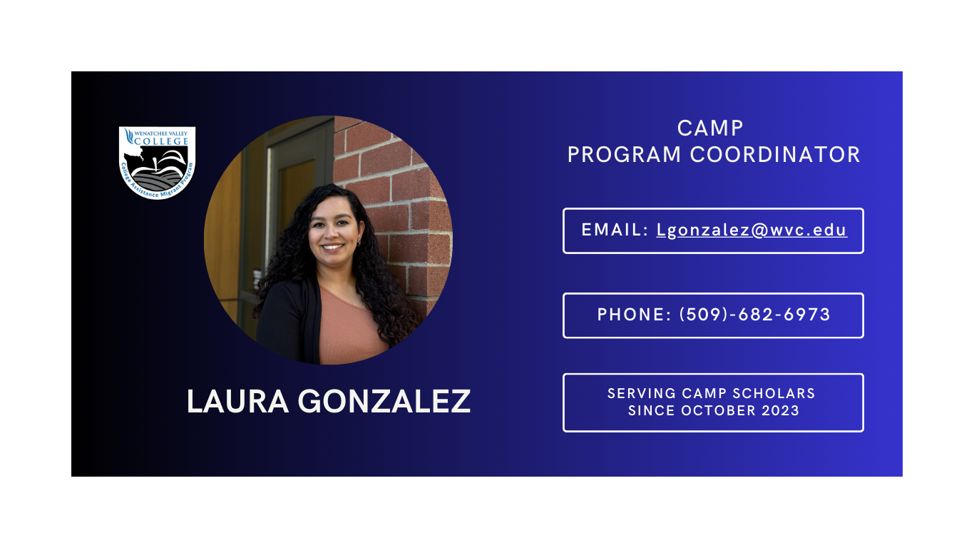 A circular photo of Laura Gonzalez. Email: lgonzalez@wvc.edu. Phone: 509-682-6973. Serving CAMP scholars since October 2023.
