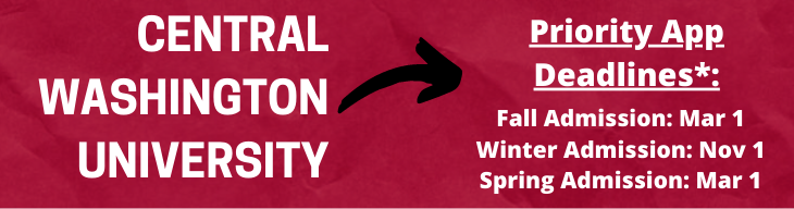 Central Washington University priority application deadlines: Fall admission is March 1; winter admission is November 1; spring admission is March 1.
