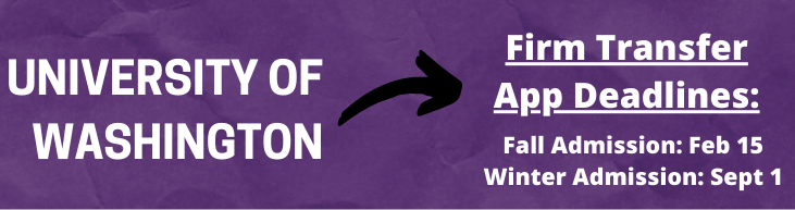 University of Washington transfer application deadlines: fall admission is Feb. 15; winter admission is Sept. 1.
