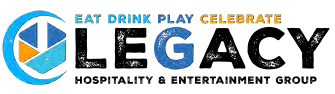 The Legacy Hospitality logo in blue, yellow and black, with text that says Eat Drink Play Celebrate Legacy Hospitality and Entertainment Group