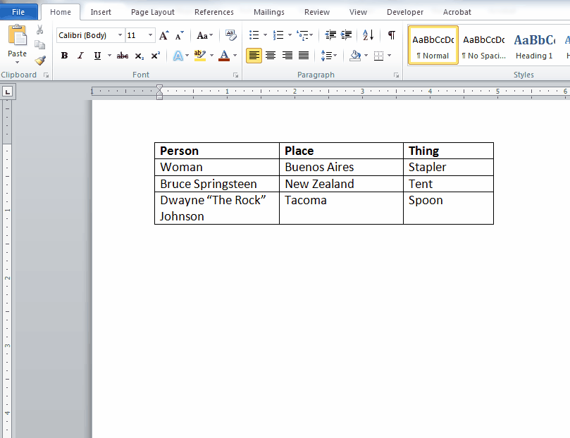 microsoft word table formatted as document heading